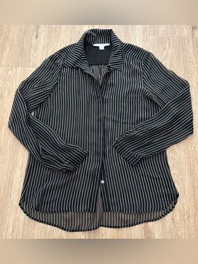 Diane Von Furstenberg Black Pinstripe Long Sleeve Silk Sheer Blouse